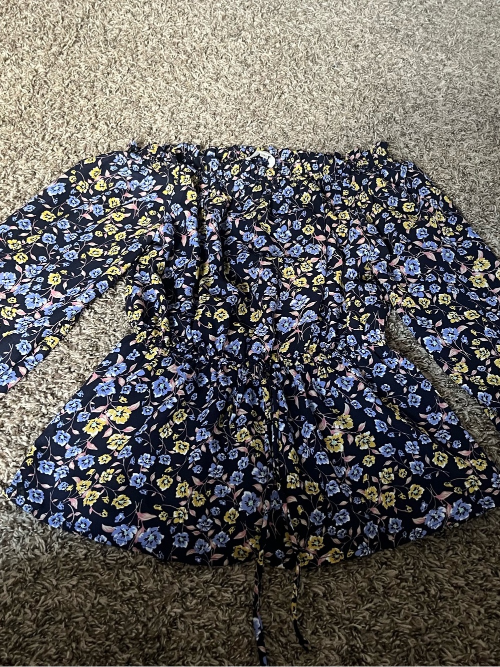 Andree Navy Floral Off-Shoulder Blouse with Pink & Yellow Accents